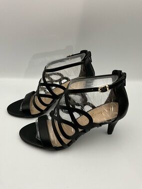 Amelia Grace Sandals Size 6 Black Strappy Mid-Heel Sandals with Ankle Buckle